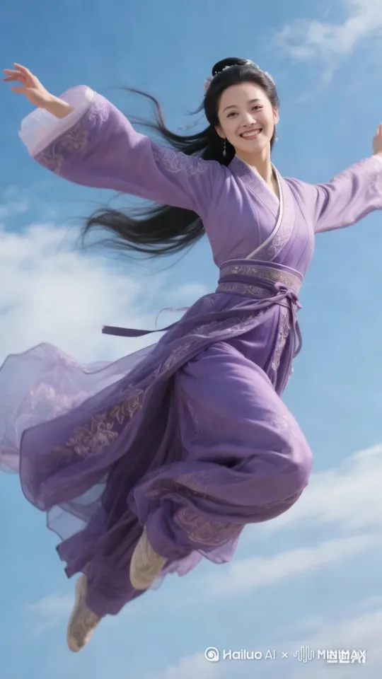 无人机低空跟拍镜头，俯卧漂浮的亚洲少女在城市上空优雅飞行，双臂前伸双腿自然舒展，身体逐渐升高远离镜头，发丝和白色长裙在风中剧烈飘动。背景从城市天际线过渡到云层，阳光穿透云隙形成丁达尔效应，镜头保持平稳追踪同时缓慢抬升角度，人物在画面中心逐渐缩小为白色光点，留下飘逸的飞行轨迹" by Hailuo AI Video Generator