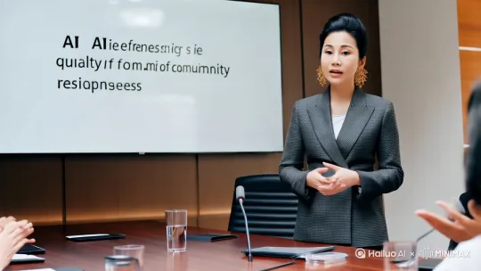 一个时尚带点女企业家霸气的演讲风格的女人站在一个大屏幕前。大屏上显示AI助力社区居民美好生活、女人在给坐在一个长形桌子上的中国社区人们分享AI赋能企业 by Hailuo AI Video Generator