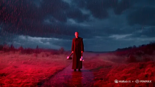 天上在下雨，一个人站在血雨中，左手拿着镰刀 右手拿着锤子 ，把锤子和镰刀举过头顶交叉起来[推进,上升] by Hailuo AI Video Generator