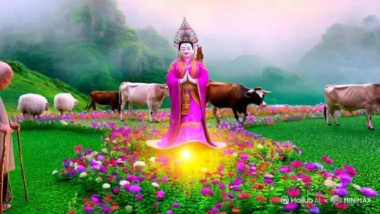 云雾缭绕名山间如绝美画卷。观音菩萨身披锦缎袈裟，宝冠上珠翠摇曳，脚踏之处鲜花盛开。每步都有嫩绿芽苗变繁花，五彩颜色交织，微风拂过花香醉人。

菩萨携柔和普光前行，光洒在树叶让其更翠绿，洒在花蕊使花更娇艳。鸟儿受福泽感召飞出，在空欢歌仿佛梵音。松鼠穿梭树枝，还停歇菩萨肩头。

善男信女四方而来，老人拄拐虔诚敬畏，年轻人合十崇敬，孩子纯真好奇。动物们也和谐相处，牛儿吃草赶蝇，羊群如白云移山，鹿群林间跃跑。

人们平安喜乐，邻里有爱，孩子欢笑于田野，大人劳作收获满满。世界沉浸在祥和幸福的美好氛围里，这一方天地在菩萨所蕴含的气场下，人与自然完美融合，处处透着静谧、美好的气息，仿佛是净土的呈现。 by Hailuo AI Video Generator