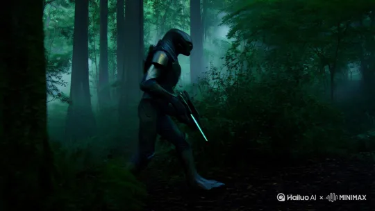 一名外星人战士，在树林子里面，准备埋伏敌人 by Hailuo AI Video Generator