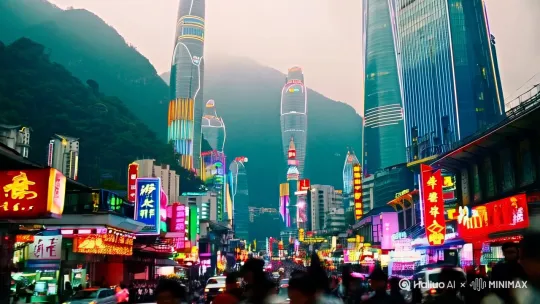 山城重庆，魔幻之都，欢迎来到解放碑，赛博朋克风格 by Hailuo AI Video Generator