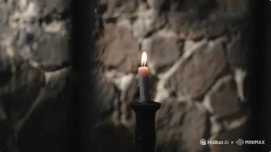 烛台上一根白色的蜡烛燃着，背景是石头墙壁，墙壁上斑驳的昏暗的光线，过了一会，蜡烛上燃烧的火苗被风吹熄灭了。 by Hailuo AI Video Generator