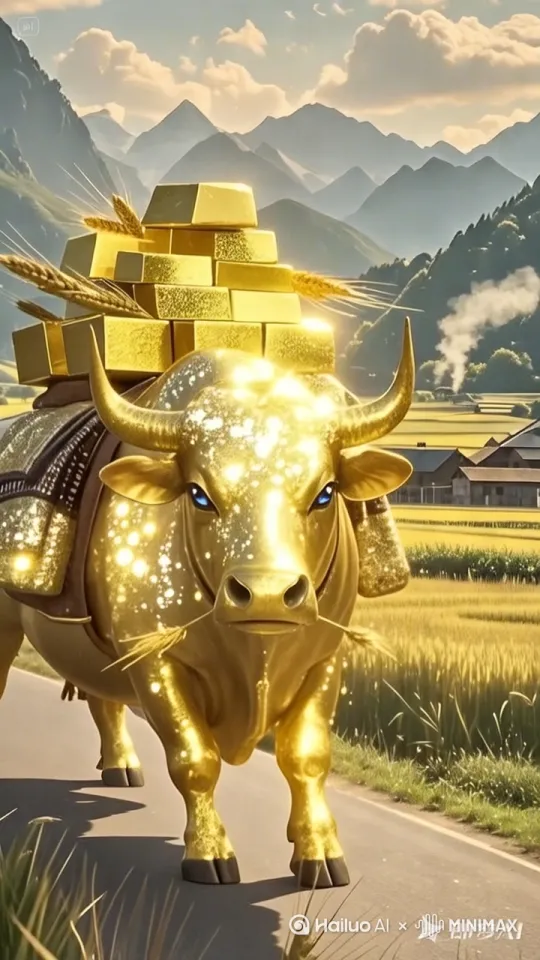 帮我生成一张图片：我是短视频创作者，我想创作一副闪闪发光的金牛，驮着金砖，金钻闪闪发光目光炯炯有神，口叼金麦穗，一望无际的田野，远山有农舍，有袅袅炊烟，金牛沿着路向我们走来。原比例。 by Hailuo AI Video Generator