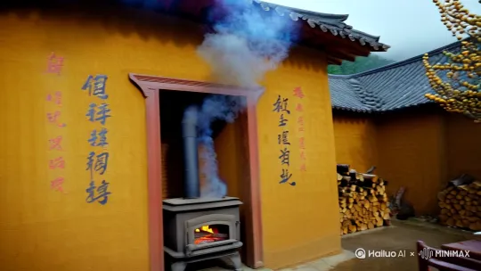 八九十年代乡村小院场景：土黄色泥墙黑瓦屋，门口贴着手写对联，院内柴火灶炊烟袅袅。古朴木桌摆着家常饭菜与酒瓶，高大枇杷树结满金黄果实。地面泛着雨湿痕迹，墙边堆着整齐木柴，角落花草盆栽生机盎然，土狗静立院中，远处山峦朦胧，墙上晾晒衣物，复刻怀旧农村生活气息。 by Hailuo AI Video Generator