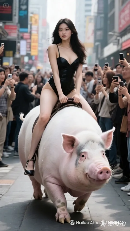 美女骑着猪向镜头走过来，特写脸上迷人的微笑，镜头尾随 by Hailuo AI Video Generator