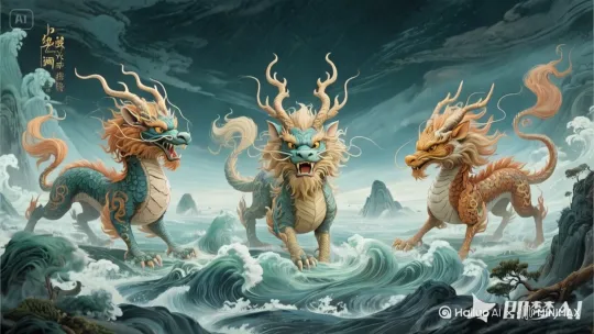 炽云裂空，赤焰踏天，三头麒麟怒目相视——金鳞劈雷，墨鬃驭风，血瞳焚火，爪牙所过之处深海川沸！  

**金麒**啸出九霄电光，**墨麒**掀翻八荒玄冰，**血麒**撕开十地熔岩，三者缠斗间，天地如坠混沌：雷鞭抽碎峰峦，风刃削平瀚海，火浪吞尽星斗！  

忽听穹顶一声裂帛——三兽杀至癫狂，竟撞破上古封印！霎时幽冥洞开，万魔倾巢而出……  

**"孽障！"** 三麒骤然收势，染血的利爪齐齐转向深海这场生死斗，终究要拿妖魔的血来祭！ by Hailuo AI Video Generator