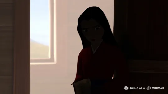 唧唧复唧唧，木兰当户织。不闻机杼声，惟闻女叹息。问女何所思，问女何所忆。女亦无所思，女亦无所忆。昨夜见军帖，可汗大点兵，军书十二卷，卷卷有爷名。阿爷无大儿，木兰无长兄，愿为市鞍马，从此替爷征。东市买骏马，西市买鞍鞯，南市买辔头，北市买长鞭。旦辞爷娘去，暮宿黄河边，不闻爷娘唤女声，但闻燕山胡骑鸣啾啾。万里赴戎机，关山度若飞。朔气传金柝，寒光照铁衣。将军百战死，壮士十年归。归来见天子，天子坐明堂。策勋十二转，赏赐百千强。可汗问所欲，木兰不用尚书郎，愿驰千里足，送儿还故乡。爷娘闻女来，出郭相扶将，阿姊闻妹来，当户理红妆，小弟闻姊来，磨刀霍霍向猪羊。开我东阁门，坐我西阁床，脱我战时袍，著我旧时裳。当窗理云鬓，对镜帖花黄。出门看火伴，火伴皆惊忙：同行十二年，不知木兰是女郎。雄兔脚扑朔，雌兔眼迷离，双兔傍地走，安能辨我是雄雌？ by Hailuo AI Video Generator