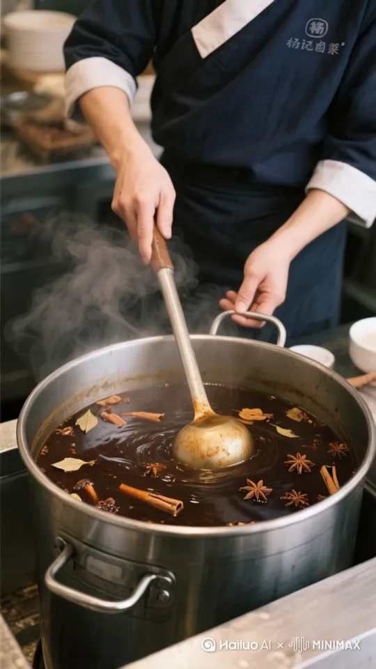 厨房内，男子正在搅拌桶内的食物，卤水被荡起涟漪，热气往上飘来，镜头拍摄桶内[上升,下摇,变焦推进] by Hailuo AI Video Generator