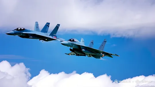 两歼16战机从头顶飞过去，蓝天白云晴空万里。 by Hailuo AI Video Generator
