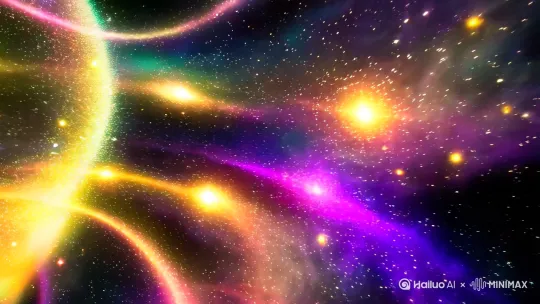 "Ultra-detailed cosmic vortex nebula, swirling galaxies in iridescent hues of amethyst and neon teal, radiant stardust flowing like liquid light, hyperrealistic 4K resolution, dynamic particle effects creating a wormhole tunnel perspective, celestial bodies distorted by gravitational waves, surrealistic composition blending digital painting and 3D rendering, cinematic volumetric lighting with chromatic aberration, first-person view of traveling through quantum starfields, trending on ArtStation, mystical atmosphere evoking interdimensional journey --ar 16:9 --v 6.0 --style raw" by Hailuo AI Video Generator
