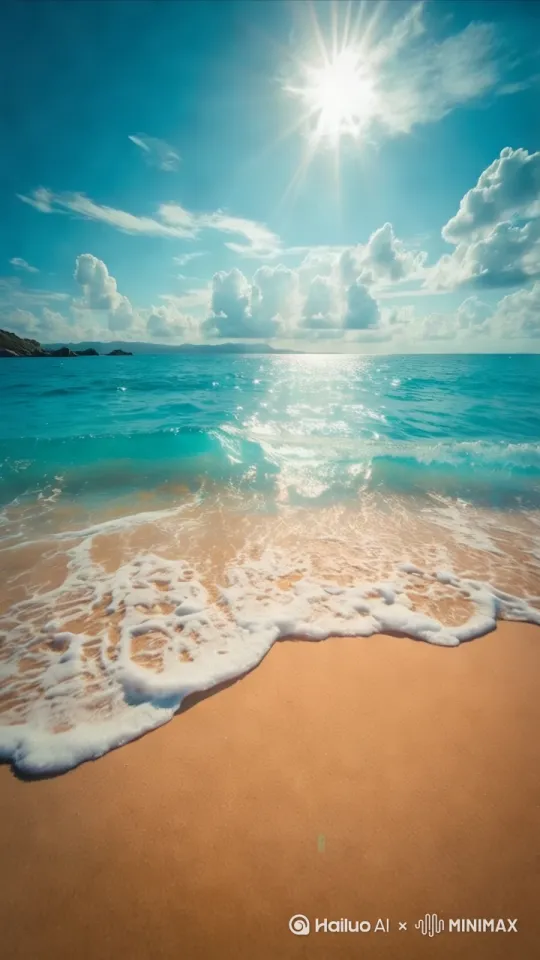 场景描述：
阳光明媚的海滩
清澈的海水轻轻拍打着沙滩
蓝天白云，阳光明媚
动态元素：
海浪缓缓涌向沙滩，形成白色的泡沫
阳光在海面上跳跃，形成闪烁的光斑
云朵在天空中缓缓移动[推进,上升] by Hailuo AI Video Generator