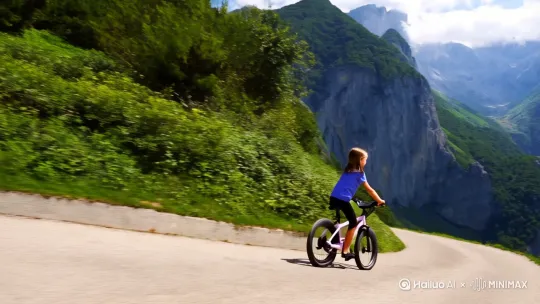 前方一个小女生骑着自行车，在壮观秀丽的山区小道上快速的骑行，自行车沿着盘山小道快速的行走。镜头尾随自行车行移动 by Hailuo AI Video Generator