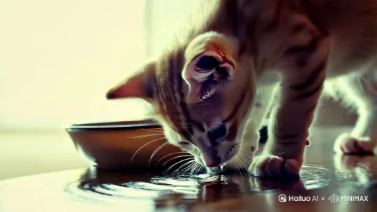 小猫喝水。小狗打架。配上音乐。 by Hailuo AI Video Generator