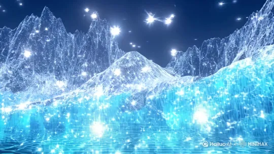 以全息生态投影的形式呈现白雪皑皑的山脉，自然景观呈现为闪闪发光的半透明全息图，冰蓝色为基本投影，白色为全息故障和伪影 ，高分辨率 by Hailuo AI Video Generator