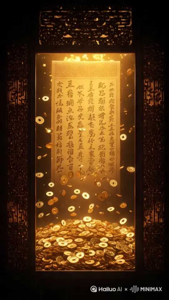 - **画面**:
1. 鎏金貔貅幻化实体,口吐钻石雨
2. 主角手持发光「进财令」符咒
3. 古法摇钱树长出比特币果实
- **旁白**:"上古瑞兽,专渡有缘人!"
- **音效**:神兽低吼
- **时长**:10秒 by Hailuo AI Video Generator