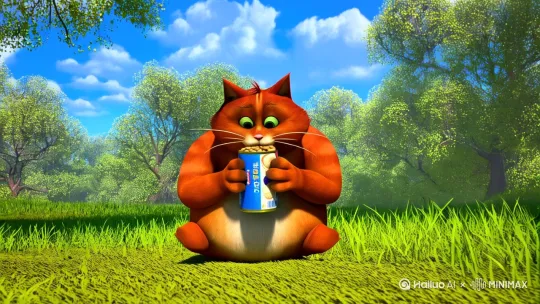 场景为阳光斑驳的森林草地，蓝天白云背景。一只肥胖橘猫正用前爪捧着鱼罐头低头进食，突然三只抢食猫闯入——
 
1 英短蓝猫：圆头圆脑，灰蓝色短毛，瞪着铜铃眼冲橘猫伸爪；
 
2汤姆猫风格猫：浅灰色毛发带黑色条纹，模仿《猫和老鼠》经典造型，弓背龇牙，尾巴炸开，爪子虚晃作抢夺状；
 
狸花猫：棕黑虎斑纹，弓背低伏，利爪出鞘，瞳孔收缩成竖线，浑身肌肉紧绷，一副随时扑击的凶态。
橘猫惊惶抬头，罐头倾斜，鱼块飞溅，三只猫围绕其形成三角抢食阵，地面散落几片树叶和猫毛，整体画面动态夸张，突出搞笑抢食冲突感。 by Hailuo AI Video Generator