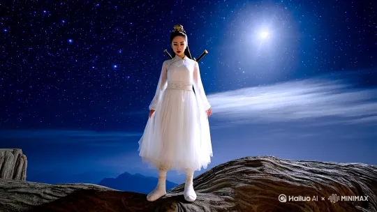夜晚，一个中国古代美女，穿白色透明纱裙，白布鞋，身背宝剑，站在悬崖边，仰望星空。此刻星光灿烂，月亮穿过薄云缓缓移动。美女跳下悬崖，身体360旋转在空中翻了一个跟头，迅速落在一棵粗大的千年古树上。动作连贯。高清电影感，4k。 by Hailuo AI Video Generator