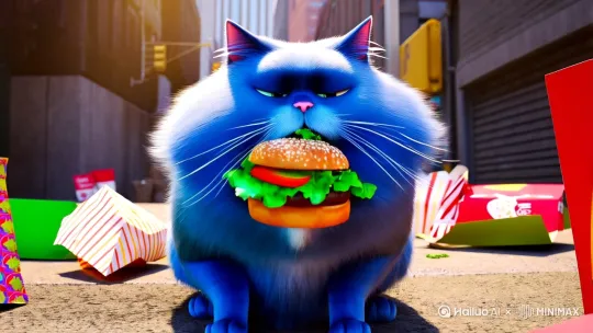 一只一只蓝色的胖猫大口大口吃麦当劳喝星巴克 by Hailuo AI Video Generator