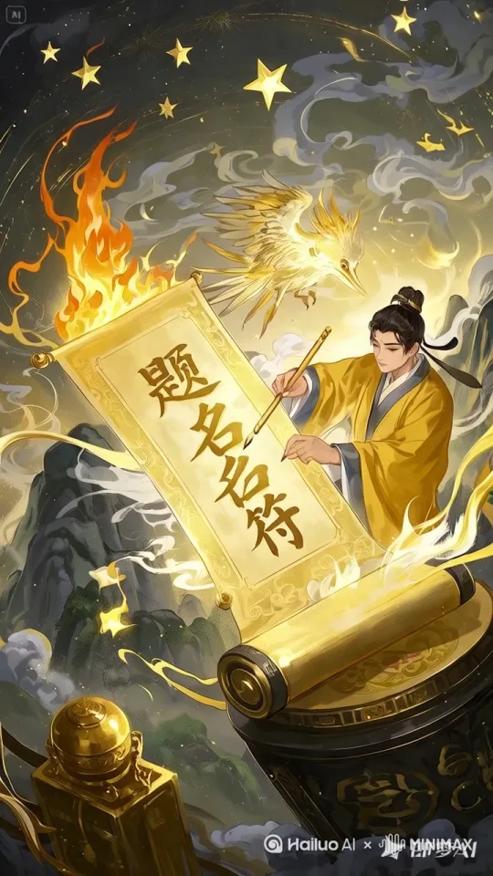 **旁白**：（浑厚女声）"九天玄机，解码当代登科令"  
- **音效**：狼毫挥墨声
- **特效**：火星粒子 金鸾鸟环绕 by Hailuo AI Video Generator