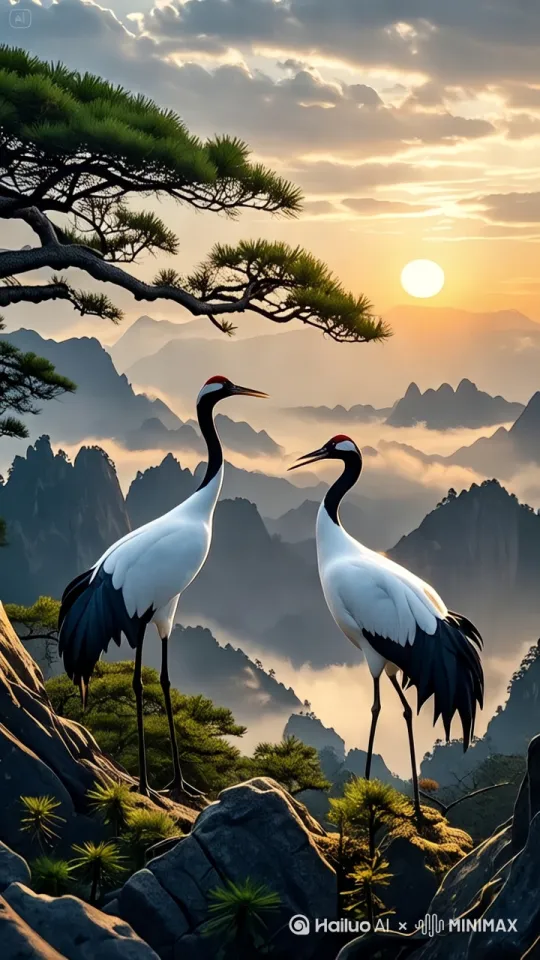 云雾缭绕仙境一般，树枝摇曳，仙鹤振翅起舞，[右移,左摇,跟随] by Hailuo AI Video Generator