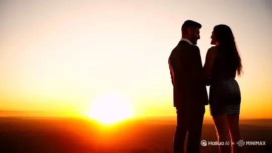 帮我生成一个视频：一个黄昏的夕阳下，一男一女背对背进行最后的见面分手，镜头主要放在夕阳、男人和女人上，范围要大。男人穿的很帅，女人穿的短裙，进行最后的告别，画面很感人很悲伤但又夕阳衬托着，很温暖，空中有少许枯叶飘着，被夕阳衬托着很有感觉 by Hailuo AI Video Generator