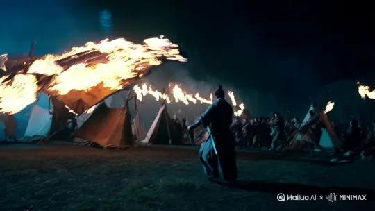6. 【智取敌营】  
*"夜视镜头风格的突袭场景，郭子仪剑锋所指处火把连成火龙，叛军帐篷被掀翻的慢动作，突然插入箭雨破空的呼啸声"*  
- **镜头**：手持夜袭视角→火焰拖影→箭雨仰拍  
- **特效**：动态模糊+火焰照明弹效果  
- **音效**：皮革帐篷撕裂声+突厥语惊慌喊叫 by Hailuo AI Video Generator