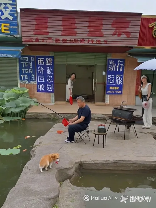
忽然，男人的鱼竿猛地一沉，他的眼神瞬间锐利起来，身体迅速而有力地站起，手臂肌肉紧绷，猛地向上一抬。钩起一条色泽鲜艳、体型肥硕的红色鲤鱼破水而出，鱼身在空中奋力挣扎，溅起晶莹的水花。女子脸上露出惊喜的神情，小狗也兴奋地汪汪直叫，围着男人欢快地打转。
 
整个画面以64K高清呈现，采用人像摄影视角，运用王家卫电影风格独特的色调与光影，营造出充满故事感与生活气息的瞬间，背景的自然景色与人物、动物的动态完美融合，展现出一种闲适而温馨的氛围。 by Hailuo AI Video Generator