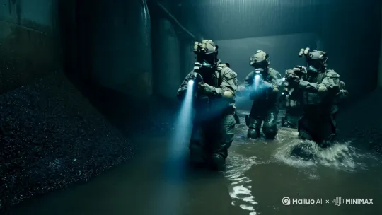 生成长视频，几个特种兵带着循环式呼吸面罩和夜视仪，穿着辐射服，在充满污泥和核辐射严重污染的低矮下水道里没过肩膀深的水中摸索前进，寻找辐射源，拿着带着战术手电的冲锋枪照明搜索 by Hailuo AI Video Generator
