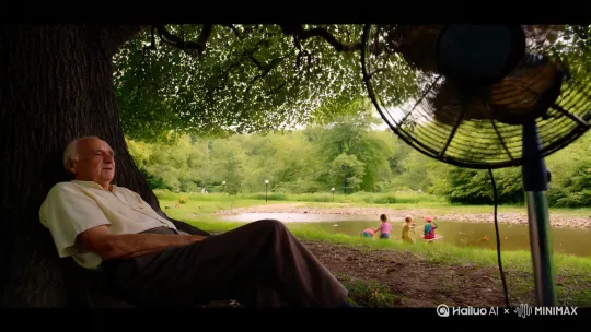 夏天一棵大树下，一个老爷爷在树下乘凉，老爷爷面前还放了一个电风扇，知了叫个不停，大树旁的小溪有几个小孩儿在摸鱼。 by Hailuo AI Video Generator