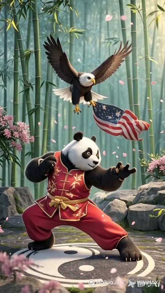 古风竹林比武场全景，熊猫身着中国红武术服绣金色五角星，白头鹰披星条旗纹样运动背心，熊猫连续做出太极推手动作，老鹰展开双翼进行盘旋滑翔，镜头跟随飘落的竹叶和樱花花瓣移动，地面阴阳鱼图案随光影旋转，新国风CG建模场景，3D卡通材质渲染，竞技比赛主题动物拟人化，慢动作展示武术套路，羽毛飘散特效，水墨动画转场效果，柔光滤镜配合动态光影，4K分辨率60帧，宽银幕电影构图，背景加入轻快鼓点音效与竞技场环境声 by Hailuo AI Video Generator