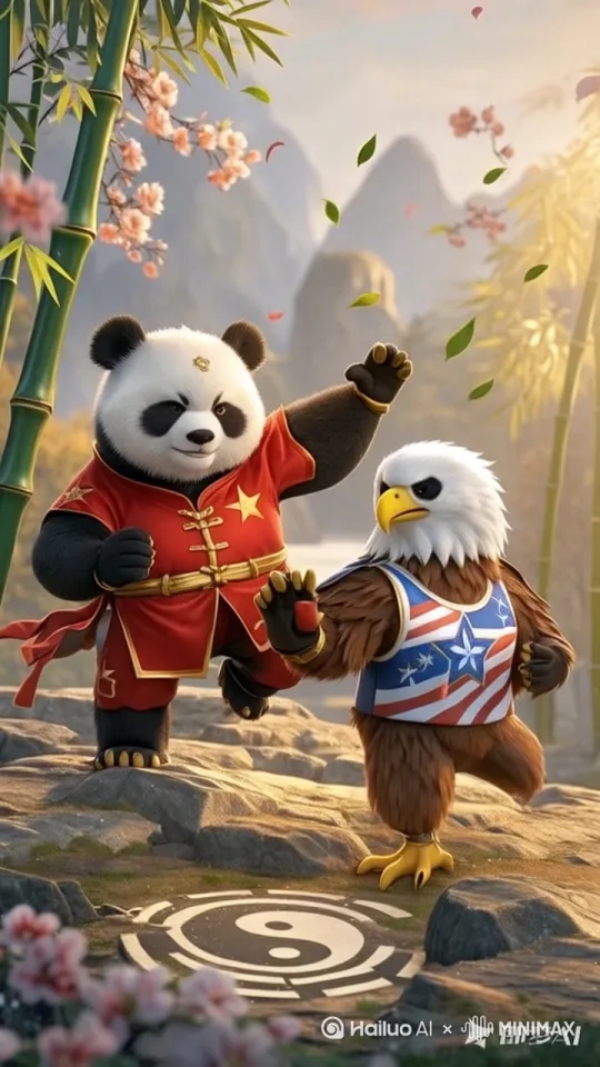 古风竹林比武场全景,熊猫身着中国红武术服绣金色五角星,白头鹰披星条旗纹样运动背心,熊猫连续做出太极推手动作,老鹰展开双翼进行盘旋滑翔,镜头跟随飘落的竹叶和樱花花瓣移动,地面阴阳鱼图案随光影旋转,新国风CG建模场景,3D卡通材质渲染,竞技比赛主题动物拟人化,慢动作展示武术套路,羽毛飘散特效,水墨动画转场效果,柔光滤镜配合动态光影,4K分辨率60帧,宽银幕电影构图,背景加入轻快鼓点音效与竞技场环境声 by Hailuo AI Video Generator
