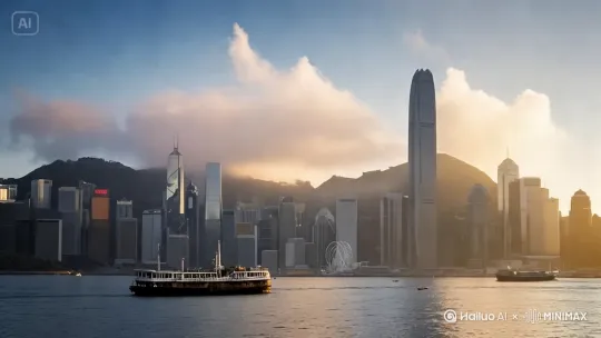 帮我生成一张图片：香港维多利亚港夜景，密集的摩天大楼群灯光璀璨，港口水面倒映着霓虹光影，天际线点缀着激光灯光秀，两艘帆船在港湾航行，采用超广角镜头拍摄，霓虹蓝橙色调对比强烈，长曝光水面形成丝绸质感，8K分辨率呈现建筑细节，HDR效果增强光污染氛围，电影感宽幅。4K高清视频，比例 16:9。 by Hailuo AI Video Generator