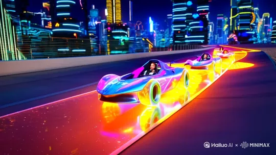 【AI未来竞速：光轨漂移】暗夜霓虹都市中，三辆流线型全息投影赛车在悬浮赛道上疾驰。车体覆盖液态金属涂层，随速度变换蓝紫炫光，轮胎溅起粒子火花。AI驾驶舱内数据瀑布流倾泻，机械女声倒计时"3D弯道锁定"。慢镜头下赛车90度侧身漂移，轮胎擦过透明赛道迸发橙色电弧，地面裂出能量矩阵波纹。空中无人机镜头切换至车底视角，全息尾焰在弯道划出DNA螺旋光轨。背景电子音浪与引擎低频共振，赛博城市天际线炸开全息烟花LOGO"AI DRIFT 3023"。 by Hailuo AI Video Generator