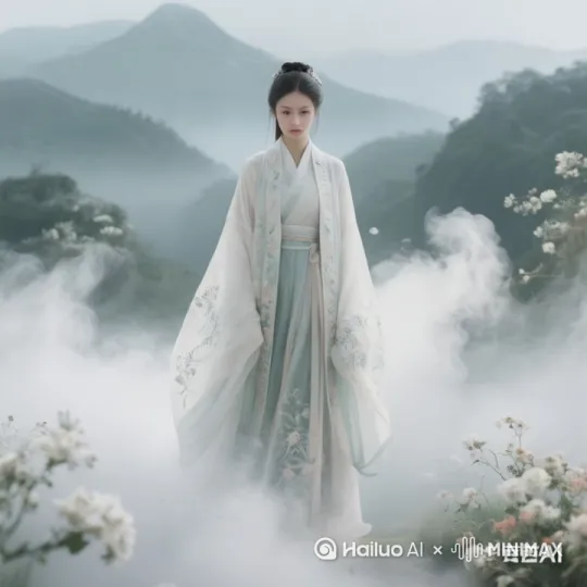 快速高空跟踪镜头移动，无人机视角，一个超现实的高速梦境序列相机紧密跟随，相机从略高位置的俯视角度紧密跟踪，从左后方向右后方移动，随着角色迅速穿越场景。环境是动态的，快速变化。美女像仙女一样飞向空中，飞的非常高，距离地面至少几十米，轻松的在空中向前快速滑行，头部向前捕捉平滑水平飞行的感觉。头发.衣服随风摇摆，下面有跟图片中同样的五颜六色的花海和人间仙境，脚后持续冒着长长的烟雾，就像喷气机一样，运动模糊和光迹增强了速度感和流畅性。超级快速移动。 by Hailuo AI Video Generator