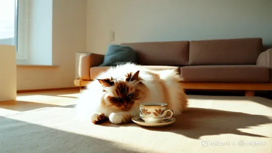 一只布偶猫在茶杯旁睡觉，猫咪睡梦中抖动猫爪，茶杯放在北欧客厅中，正面镜头，镜头推进，写实风格，温暖的氛围，清晨的阳光 by Hailuo AI Video Generator