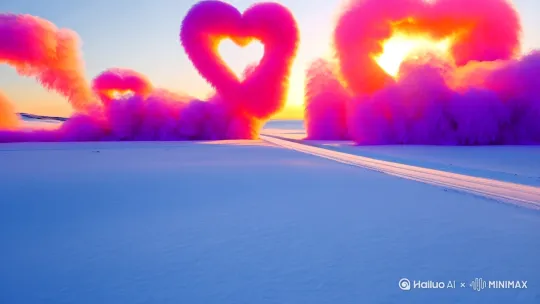 一个梦幻般的冬日景象。一条被雪覆盖的道路，在广阔的雪地中无限延伸，宁静而孤独。巨大的粉色的心形云朵坐落在道路上，散发着粉红色和紫色的光芒，仿佛是夕阳或日出的光辉穿透云层，浪漫和梦幻的氛围。与周围的天空融合，整个场景色调温暖而柔和，让人联想到爱情和希望的主题。 by Hailuo AI Video Generator