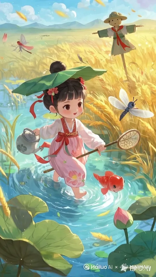 阳光明媚，小女孩身着粉色汉服，发髻上扎着红色丝带、点缀花朵，头顶荷叶遮阳，在水田中欢快蹚水。她一手提着银色水壶，一手拿着捕虫网，步伐轻盈，溅起层层水花。身旁红金鱼灵活游动，时而轻擦她的小腿；蜻蜓在四周飞舞，一只蓝色蜻蜓还绕着她的捕虫网打转。远处金黄麦浪随风起伏，稻草人微微晃动，背景里山峦与蓝天白云相映。整体画面色彩明亮温暖，光线柔和，营造出惬意欢快的田园氛围。 by Hailuo AI Video Generator