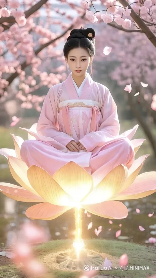 发光莲花极速旋转中，古装女子盘坐其上，粉色花瓣环绕飘落，花树背景唯美动感，顺时针自转特效[左移,右摇,跟随] by Hailuo AI Video Generator