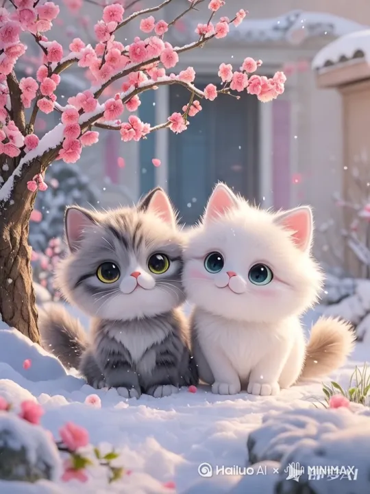 两只小猫在雪地嬉闹，小白猫托马期旋转，小灰猫连续后空翻， by Hailuo AI Video Generator