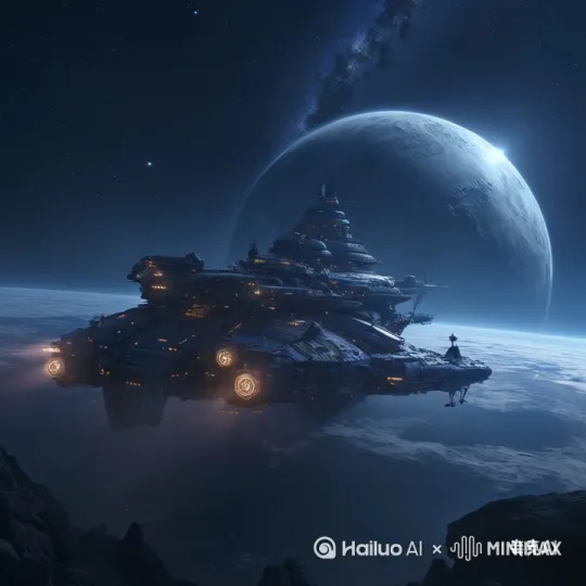 有4艏星际护卫舰在战舰两旁护卫，并一起往星球飞行，星球边上有星际港口，有其它舰队往外飞行 by Hailuo AI Video Generator