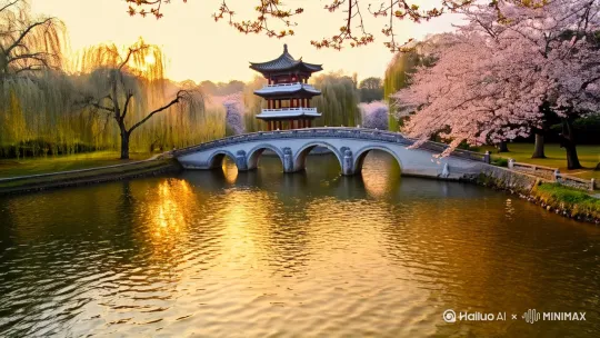 主题：浙江临海东湖公园的全景，中心湖泊倒映石拱桥，九曲石桥联通三层湖心亭，岸边绿柳垂枝与樱花树交错，美学风格为东方水墨质感融合写实光影，湖面泛着金色晨光涟漪。 by Hailuo AI Video Generator