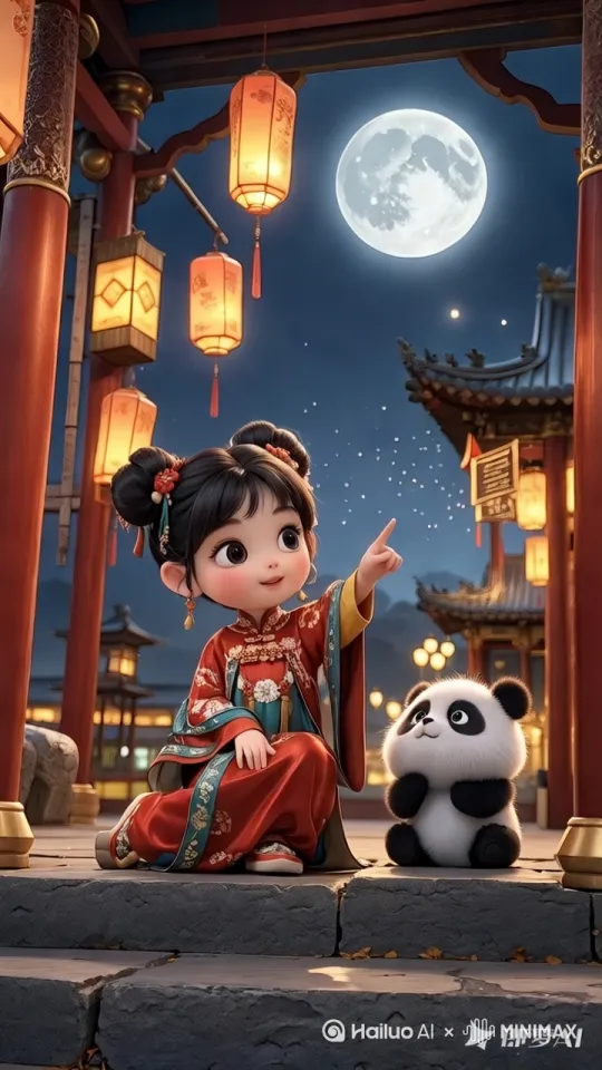 固定镜头，小女孩抬头望向天上的月亮，手指指向月亮，熊猫宝宝看着女孩手指的方向。 by Hailuo AI Video Generator