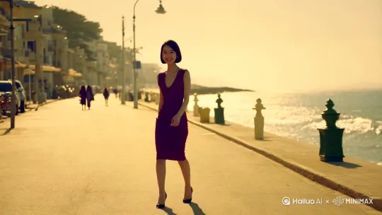 阳光明媚的海边街道上，一位短发，身着性感包臀裙的韩国美女面带微笑，迎面向我走来。[左摇,变焦推进] by Hailuo AI Video Generator