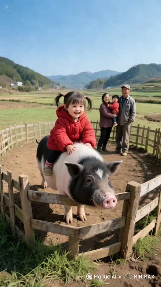 镜头移动，母猪在场地中左右奔跑、上下跳跃、疯狂跳跃，小女孩紧紧骑在母猪身上 by Hailuo AI Video Generator