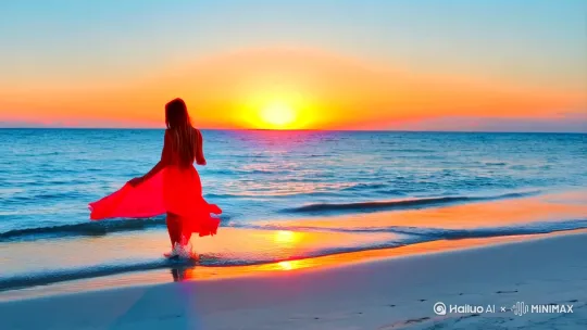 一个身着红色衣服，长发美女，在夕阳的余晖下，漫步在海边沙滩上，配上适应场景的音乐。 by Hailuo AI Video Generator