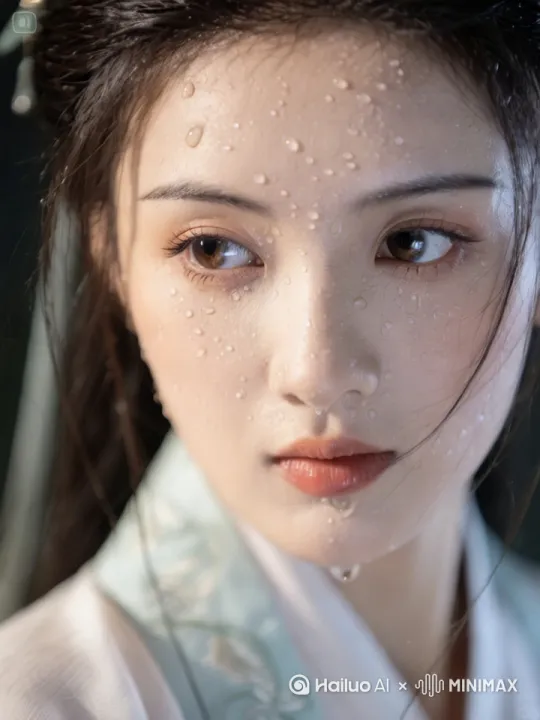 【主体描述】
古典汉服少女特写,浅青色交领襦裙配银丝刺绣,面部90%占画幅,乌黑云鬓带珍珠发簪,面颊与睫毛附着动态水珠(需粒子效果),唇色呈樱花粉渐变
【镜头设计】
运镜轨迹:0-1.5秒缓推(半身→近景)→1.5-4秒Z轴3°旋转+Y轴呼吸起伏→4-6秒弧形后拉+15°侧移
眼部运动:瞳孔0.8秒/次微震颤,虹膜高光点逐帧追踪,5.2秒自然眨眼(持续8帧)
【生物细节】
- 眼球:角膜折射率1.376,巩膜血丝密度15%
- 微表情:眉弓2px周期性抬升,下眼睑每3秒轻微收缩
- 动态水珠:设置3种粒子尺寸(0.5mm/1mm/2mm),沿面部轮廓滑落
【光影特效】
主光源:5600K柔光从45°侧上方投射,眼部反射区亮度+20%
辅助光:4300K背光模拟湿润反光,水珠高光强度85%
【渲染参数】
分层模式:启用「面部精修」+「动态分离渲染」
抗畸变:开启「面部特征锁定3.0」,形变阈值≤5%
材质保留:汉服纹理还原度92%,发丝根数不少于2000根
【视频参数】
时长:6秒|帧率:25fps|分辨率:1920×1080
运动模糊:等级4|压缩编码:H.265 10bit by Hailuo AI Video Generator