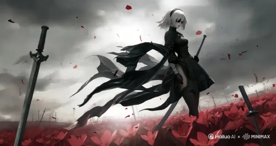 头发飘动，衣服飘动，花瓣飘落[变焦推进,拉远,跟随] by Hailuo AI Video Generator