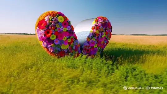 超现实艺术，白天的草原上，巨大的潮流感爱心上生长出花朵 by Hailuo AI Video Generator