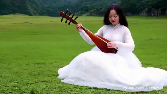 第一个镜头：镜头全景慢慢推向中景，女主穿着白色的礼服，在草原上弹琵琶，镜头时长5秒钟。第二个镜头：女主放下琵琶骑上马，固定镜头，镜头时长2秒，第三个镜头，女主骑马在草原上奔驰。全景跟拍，时长3秒 by Hailuo AI Video Generator